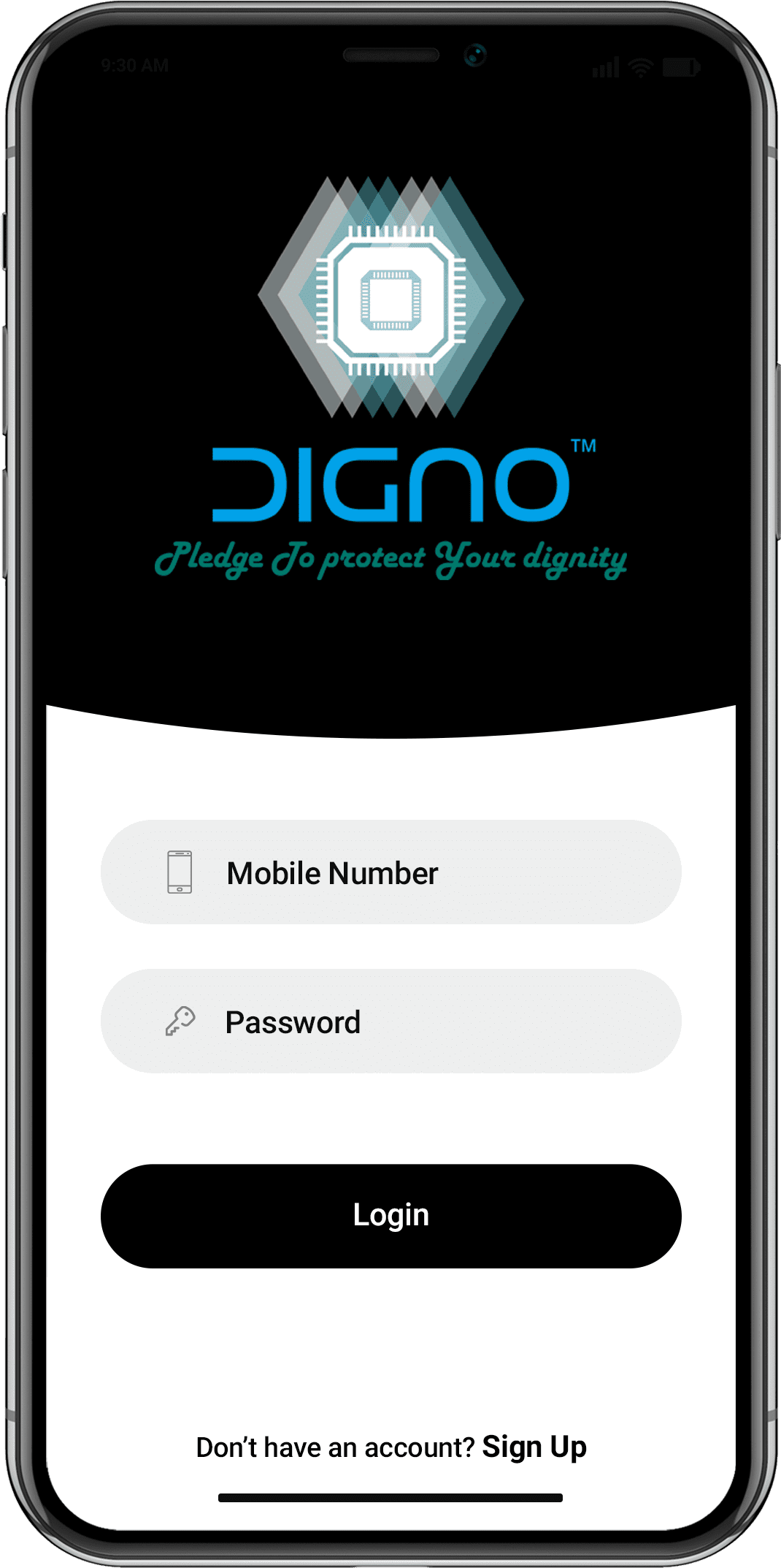 login screen of digno mobile app